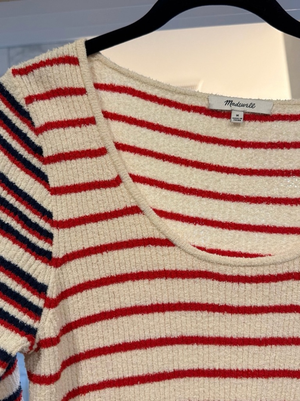 Madewell Cream Scoop Sweater with Red and Navy Stripes